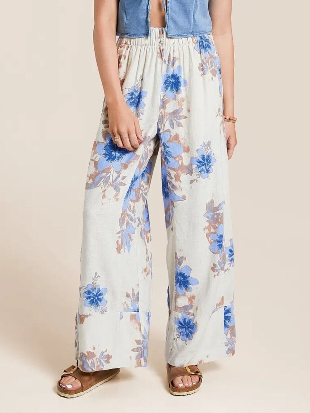 FREE PEOPLE LINEN Days End Wide Leg Pant Ivory Combo Floral XS